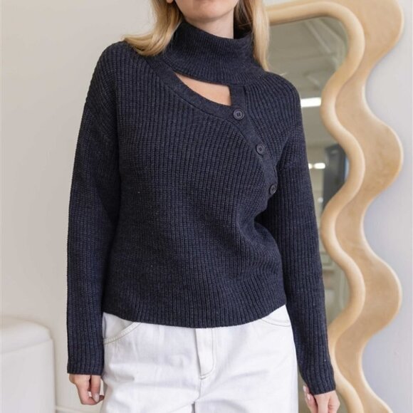 . Sweaters - Turtle Neck Button detail Long Sleeve Sweater Dark Gray